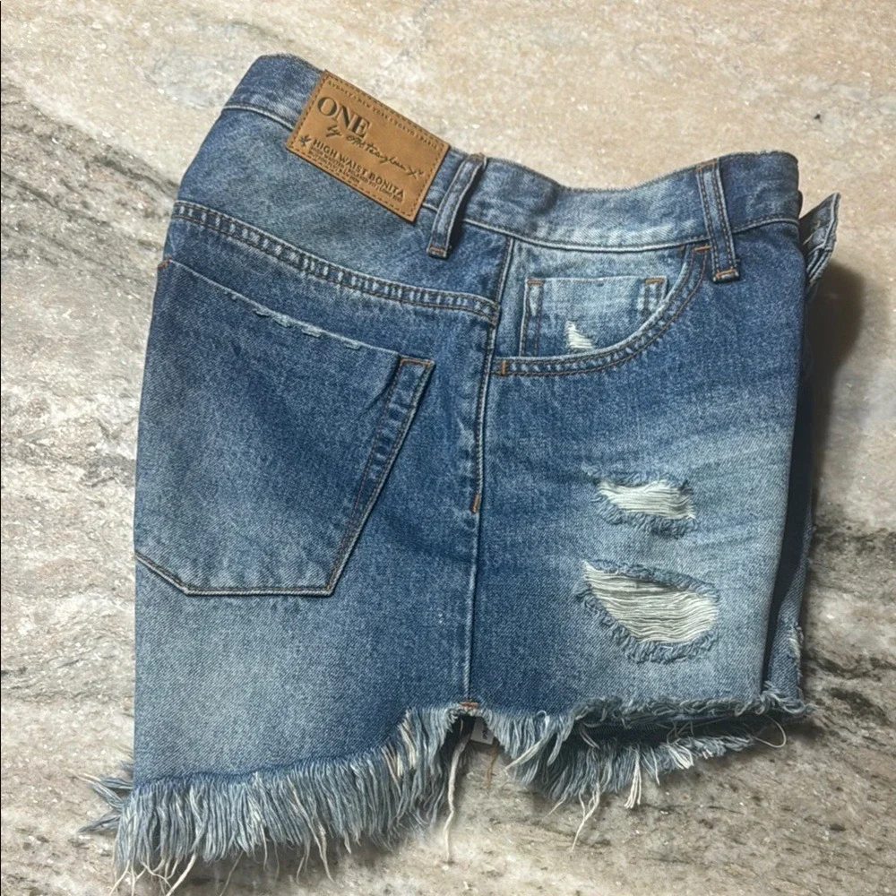 One Teaspoon High Waist Bonita Denim Shorts‎ Blue Distressed Button Fly Size 26